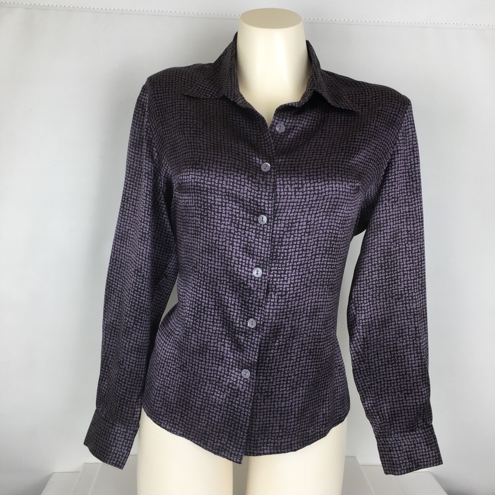Vintage 100% Silk Button Up Blouse Top Black Purple Grid Print Women’s Size L